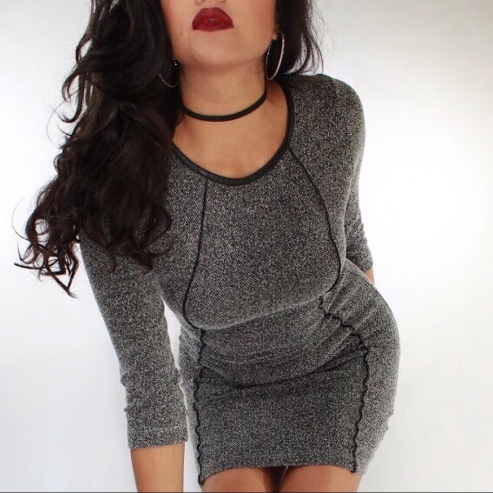 Tweed Bodycon Dress with black leather detailing.